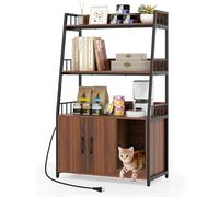 COSTWAY Mobile Lettiera per Gatti 80 x 40 x 132 cm, Credenza Soggiorno con Ripiani di Stoccaggio, Tiragraffi per Gatti, 2 Prese AC e Cuccia, Armadio Salvaspazio per Cuccia e Ingresso (Noce)