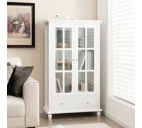 Costway Mobile libreria con ante in vetro temperato ripiano regolabile cassetto, Vetrinetta espositiva alta 139cm Bianco