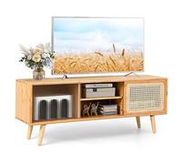 COSTWAY Mobile TV per TV Fino a 55", Mobile Porta TV in Bamb? Legno Gamba, Mobiletto Soggiorno con 2 Ante Scorrevoli in Rattan e in Vetro, Colore Naturale