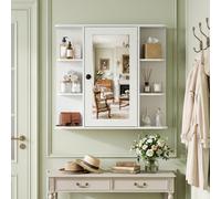 Costway Mobiletto a specchio in legno con anta e 6 scomparti aperti, Armadietto salvaspazio da parete per bagno soggiorno camera 66x16,5x63 cm Bianco
