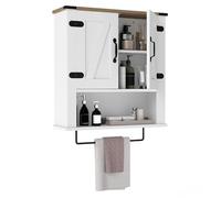 COSTWAY Mobiletto da Parete per Bagno con Porta Asciugamani, Armadietto Farmhouse con Ante a Botte & Ripiano Regolabile, Organizer da Muro Sopra il WC per Lavanderia, Cucina e Soggiorno