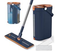 COSTWAY Mocio Lavapavimenti con Secchio, Mop Lavapavimenti Professionale con 3 Vasche e 2 Pad in Microfibra Lavabili, Mocio Piatto Portatile per Pulizia Pavimenti Bagnati e Asciutti (Blu Navy)