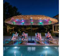 Costway Ombrellone di paglia con LED e base e manovella, Parasole hawaiano da giardino con stecche robuste e palo metallo