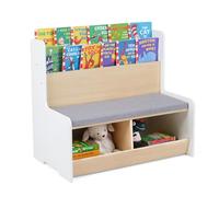 COSTWAY Panca Portagiochi a 2 Posti, Scaffale per Giocattoli con Portariviste a 2 Ripiani, 2 Scomparti Aperti e Cuscino Seduta Rimovibile, Libreria Salvaspazio per Cameretta Bambini (Bianco)