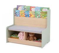 COSTWAY Panca Portagiochi a 2 Posti, Scaffale per Giocattoli con Portariviste a 2 Ripiani, 2 Scomparti Aperti e Cuscino Seduta Rimovibile, Libreria Salvaspazio per Cameretta Bambini (Verde)