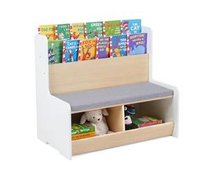 COSTWAY Panca Portagiochi a 2 Posti, Scaffale per Giocattoli con Portariviste a 2 Ripiani, 2 Scomparti Aperti e Cuscino Seduta Rimovibile, Libreria Salvaspazio per Cameretta Bambini (Bianco)