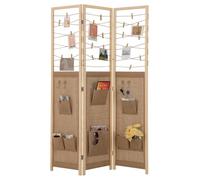 COSTWAY Paravento a 3 Pannelli, Separé Divisorio Pieghevole con 8 Tasche, 4 Ganci, Corde di Iuta per Appendere e 20 Clip in Bambù, Separatore di Spazio in Legno Boho per Casa e Negozi