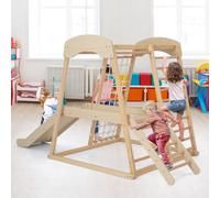 Costway Parco giochi 6-in-1 per bambini 1+ anni con barre di scimmia scivolo corda e scale in legno, Palestra in legno Naturale