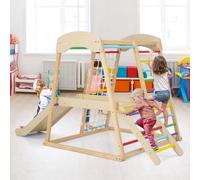 Costway Parco giochi 6-in-1 per bambini 1+ anni in legno e dondolo ad arco 2 in 1, Palestra in legno e arco di arrampicata a doppia faccia