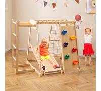 Costway Parco giochi bambini 6 in 1 legno set arrampicata con scivolo, Parco giochi bambini arrampicata e canestro basket Legno naturale