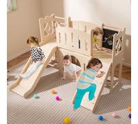 Costway Parco giochi in legno a tema castello con scivolo e fori per strisciare, Scivolo per bambini 8-in-1 con nascondigli Naturale