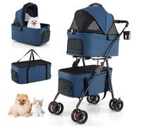 COSTWAY Passeggino Doppio per Animali 3 in 1 Pieghevole, Carrozzina per Cani con 2 Portapets Staccabili, Seggiolini Auto e 4 Ruote, Passeggino da Viaggio per Cani e Gatti di Piccola Taglia (Blu)
