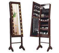 COSTWAY Portagioie Armadietto Specchiera con 18 Luci LED, Specchio a Figura Intera, Organizer per Gioielli Moderno Elegante, 145x35x31,5cm (Marrone)
