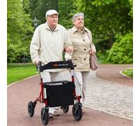 Costway Rollator walker regolabile in altezza con seduta ruota pneumatica da 24 cm borsa portaoggetti, Rollator pieghevole Rosso