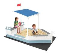 COSTWAY Sabbiera per Bambini a Forma di Nave Pirata con Tettuccio, Barca di Legno di Abete con Bandiera Timone e Sedili, Area Gioco di Sabbia, 218×110×162 cm