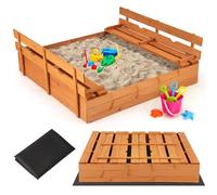 COSTWAY Sabbiera per Bambini in Legno, Sabbiera da Esterno con Coperchio, 2 Panchine con 4 Sedili Larghi e Schienali, Sabbonaia per Giardino, Patio e Cortile, 125 x 118 x 42,5 cm