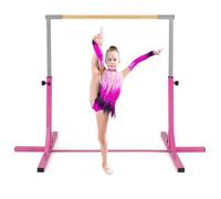 COSTWAY Sbarra per Ginnastica e Danza per Bambini e Bambine, Barra Ginnastica in Metallo e bambù Portatile e Regolabile in Altezza con Cuscinetti Antiscivolo, 195 x 121 x 85-145 cm (Rosa)