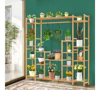 Costway Scaffale per piante in bambù a 9 livelli con barra per appendere, Supporto per piante 167x30x166cm Naturale