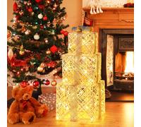 Costway Scatole festive pre-illuminate e albero artificiale illuminato 180cm, Set da 3 scatole regalo natalizie cristalli scintillanti e albero di betulla