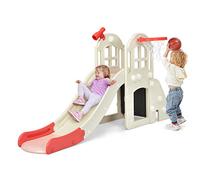 COSTWAY Scivolo per Bambini 6 in 1, Set da Gioco per Bambini con Canestro, Palla, Lancio dell'Anello e Cannocchiale, Ideale per Interni ed Esterni per Ragazzi e Ragazze, 189,5 x 83 x 98 cm (Rosa)