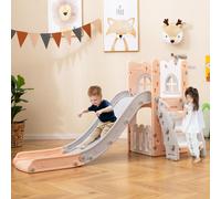 Costway Scivolo per interni con canestro da basket e telescopio con spazio, 6 in 1 scivolo toddler a forma di L di archiviazione Grigio e rosa