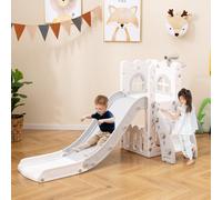 Costway Scivolo per interni con canestro da basket e telescopio con spazio, 6 in 1 scivolo toddler a forma di L di archiviazione Grigio e bianco