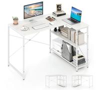 COSTWAY Scrivania Angolare a Forma di L, Scrivania ad Angolo Salvaspazio e Reversibile con Ripiano Regolabile e Struttura in Metallo Resistente, Tavolo per Ufficio e Casa (Bianco)