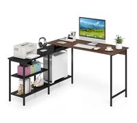 COSTWAY Scrivania Gaming Forma di L con Piano Regolabile in Lunghezza e 2 Ripiani Portaoggetti, Scrivania Angolare Reversibile in Legno, Scrittoio per Computer Salvaspazio per Studio e Ufficio