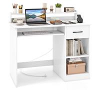 COSTWAY Scrivania per Computer con 2 Prese di Corrente e Prese USB, Scrivania Salvaspazio con Cassetto e Ripiano Estraibile per Tastiera e Ripiano Regolabile,105 x 55 x 89 cm, Bianco