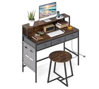 COSTWAY Scrivania per Computer con Supporto Monitor, Set Scrivania Salvaspazio con Sgabello, 3 Cassetti, Tasche Laterali, Stazione di Ricarica, Set Toeletta Trucco per Soggiorno Studio (Marrone)