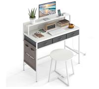COSTWAY Scrivania per Computer con Supporto Monitor, Set Scrivania Salvaspazio con Sgabello, 3 Cassetti, Tasche Laterali, Stazione di Ricarica, Set Toeletta Trucco per Soggiorno Studio (Bianco)