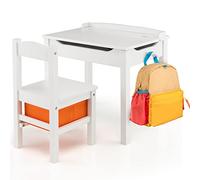 COSTWAY Scrivania Ribaltabile con Sedia per Bambini in Legno, Bianco | Set Tavolo e Sedia per Bambini con Cassetto e Gancio Estraibile per Disegnare e Studiare per Cameretta, Asilo e Nido