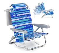 COSTWAY Sedia da Spiaggia, Sdraio Pieghevole a 5 Posizioni (Blu Scuro) | con Portabicchieri, Poltrona da Spiaggia con Cuscino per Testa e Zaino, Sedia da Campeggio Portatile, Portata