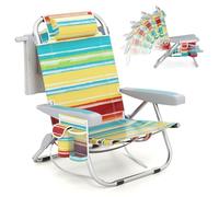 COSTWAY Sedia da Spiaggia, Sdraio Pieghevole a 5 Posizioni con Portabicchieri, Poltrona da Spiaggia con Cuscino per Testa e Zaino, Sedia da Campeggio Portatile, Portata 150 kg (1, Colorate)