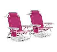 COSTWAY Sedia da Spiaggia, Sdraio Pieghevole a 5 Posizioni con Portabicchieri, Poltrona da Spiaggia con Cuscino per Testa e Zaino, Sedia da Campeggio Portatile, Portata 150 kg (Rosa,2)