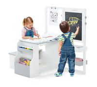 COSTWAY Set 3 in 1 Tavolo e Sedie per Bambini 3+ Anni, Tavolo in Legno Sicuro con Lavagna Cancellabile, Magnetica, Cavalletto Regolabile, Libreria e Accessori Artistici, per Disegno (Bianco e Grigio)