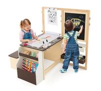 COSTWAY Set 3 in 1 Tavolo e Sedie per Bambini 3+ Anni, Tavolo in Legno Sicuro con Lavagna Cancellabile, Magnetica, Cavalletto Regolabile, Libreria e Accessori Artistici, per Disegno (Caffè)