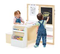 COSTWAY Set 3 in 1 Tavolo e Sedie per Bambini 3+ Anni, Tavolo in Legno Sicuro con Lavagna Cancellabile, Magnetica, Cavalletto Regolabile, Libreria e Accessori Artistici, Ideale per Disegno (Bianco)