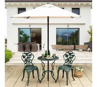 Costway Set 3 pezzi da esterno in ghisa e alluminio, Tavolo con foro per ombrellone e 2 sedie da giardino Verde scuro