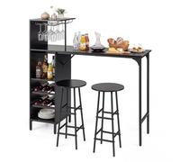 COSTWAY Set 3 Pezzi Tavolo e Sedie da Bar, Tavolo e Sgabelli da Pub Industriale con Porta Calici e 6 Portabottiglie da Vino, Set di Tavolo per Sala da Pranzo, Ristorante e Bar (Nero)