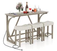 COSTWAY Set 4 Pezzi Tavolo e 3 Sgabello da Bar con 2 Prese di Corrente e 2 Porte USB Tipo-A, Tavolo da Pranzo e Colazione in Legno di Gomma con Gambe a Curva, Set Sedie con Sedile Morbide, Beige
