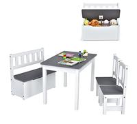 COSTWAY Set 4 Pezzi Tavolo e Sedie per Bambini con 2 Sedie e Panca, Grigio | Tavolo Attività di Legno 2 in 1 per Giocare, Disegnare, Leggere e Mangiare per Cameretta, Asilo e Nido