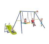 COSTWAY Set Altalena da Giardino 4 in 1 con Scivolo e Canestro per Bambini | Parco Giochi con Altalena a Nido, Altalena con Sedile, Corde Regolabili e Struttura in Metallo per Interno ed Esterno