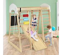 COSTWAY Set Arrampicata 8 in 1 per Bambini, Rocce da Arrampicata e Scala, con Scivolo Rete da Arrampicata, Barra Orizzontale, Centro attività di Legno per Bambini 3 Anni + (Stile 1 Naturale)