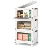 COSTWAY Set da 3 Contenitori Impilabili, Scatole Pieghevoli da 75/105 L con Ruote Bloccabili Porta e Coperchio, Organizzatori per Armadio, Multiuso per Casa Dormitorio (41 x 31,5 x 72,5 cm)