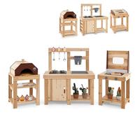 COSTWAY Set da Cucina Giocattolo per Bambini 3 Pezzi, Cucina Realistica in Legno con Box dell'Acqua, Forno a Legna, Griglia BBQ, Lavandino, Fornelli, Accessori per Cucina per Bambini dai 3 Anni in su