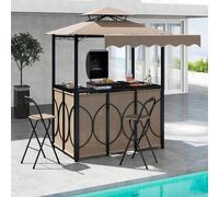 Costway Set da giardino BBQ all'aperto 3 pezzi con tavolo bar e 2 sgabelli bar pieghevoli, Gazebo per grill con tettoia piscina Marrone