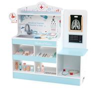 COSTWAY Set da Gioco Dottore in Legno, Centro Medico per Bambini con Orologio, Lavandino, Tabella Oculistica, Monitor ECG, Area Esame e 24 Accessori Giocattolo, 97 × 30,5 × 88 cm (Blu)