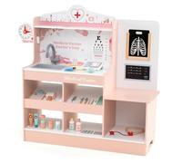 COSTWAY Set da Gioco Dottore in Legno, Centro Medico per Bambini con Orologio, Lavandino, Tabella Oculistica, Monitor ECG, Area Esame e 24 Accessori Giocattolo, 97 × 30,5 × 88 cm (Rosa)