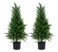 COSTWAY Set di 2 Alberi Artificiali di Cedro, Albero Artificiale in Vaso con Cemento e Fondo Rinforzato, Resistenti al Sole, Pianta Topiaria Finta da Interno e Esterno, per Casa e Ufficio (90 cm)